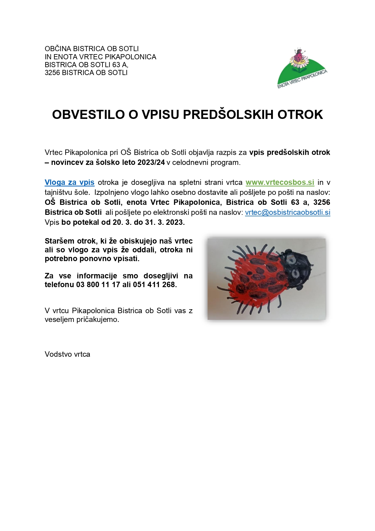 Obvestilo o vpisu predšolskih otrok